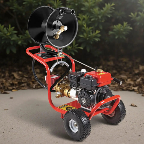 Heavy Duty Pressure Washer Hose Reel 50 Feet Three Eighths Inch Steel Bracket Mounted For Wall Floor Or Truck Mount 4000 PSI