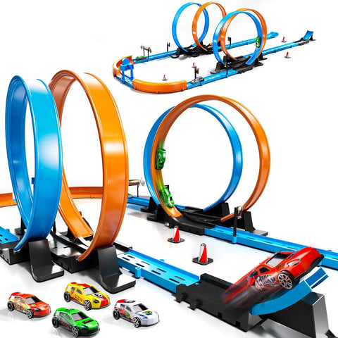 Epic Kids Race Track Gift Set With 35 Plus Pieces Four High Speed Die Cast Cars Four Action Loops And Endless Configurations