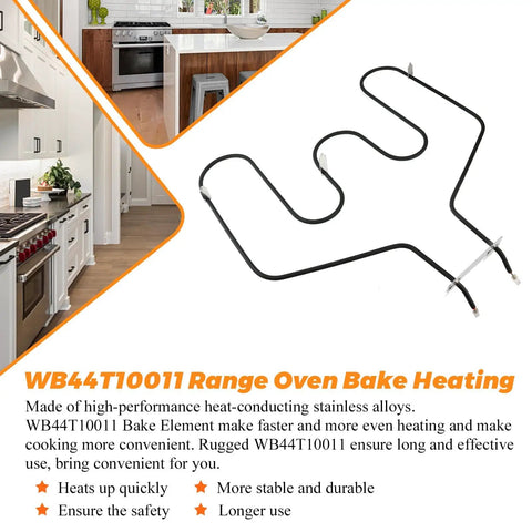 Upgrade WB44T10011 Oven Bake Element For GE Hotpoint Kenmore Ranges shown with kitchen setting, nickel stainless steel material.
