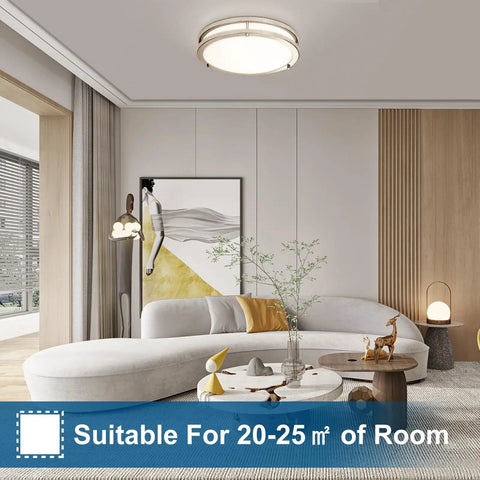13 Inch LED Flush Mount Ceiling Light Fixture Dimmable Brushed Nickel Easy Install Flicker Free Low Profile Design Super Bright 36W 3600LM 5 CCT 3000K To 6000K 2 Pack installed in a modern living room.