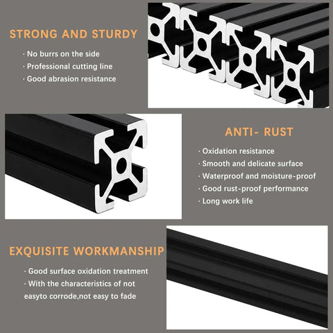 Heavy Duty 1010 Aluminum Extrusion T Slot 1500mm Black 8 Pack For DIY Frames Enclosures And CNC Projects With High Strength Anodized Rails, black T-slot rail close-up