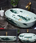 Super Chic Oval Above Counter Bathroom Vanity Vessel Sink Premium Porcelain Ceramic Washbasin with floral design 57x39 cm.