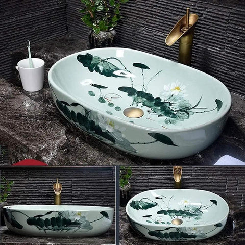 Super Chic Oval Above Counter Bathroom Vanity Vessel Sink Premium Porcelain Ceramic Washbasin with floral design 57x39 cm.