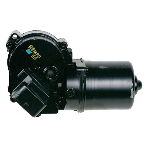 Remanufactured Domestic Wiper Motor Direct Fit Replacement crafted for whisper quiet running, showing black motor housing and connectors.