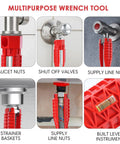 All In One Faucet And Sink Wrench Tool For Plumbing Installations shown with various uses for nuts, valves, strainer baskets.