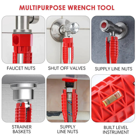 All In One Faucet And Sink Wrench Tool For Plumbing Installations shown with various uses for nuts, valves, strainer baskets.