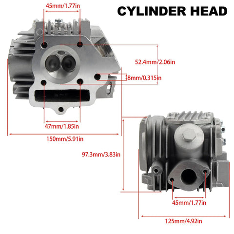 52.4mm Big Bore Cylinder Head for 4 Stroke 110cc Taotao Engine with detailed measurements, horizontal Chinese-built
