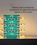 Stacked RF attenuators with SMA double female connectors, showing 0 to 30 dB levels, 50 Ohm, for precise signal attenuation