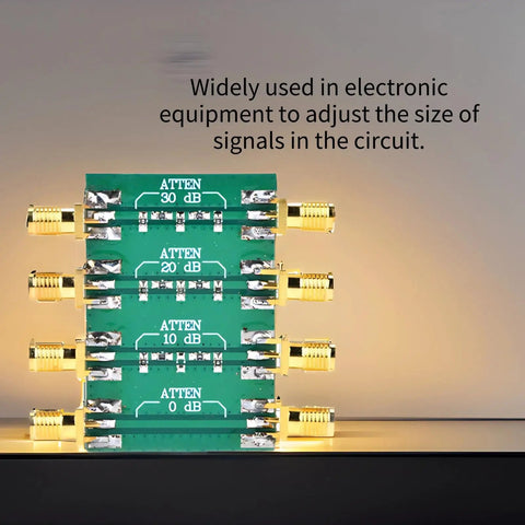 Stacked RF attenuators with SMA double female connectors, showing 0 to 30 dB levels, 50 Ohm, for precise signal attenuation