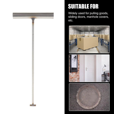 Heavy Duty Steel Manhole Cover Lifter Hook And Forty Three Inch Roller Shutter Prying Bar With Rock Solid Eight Millimeter Framework for opening manhole covers.