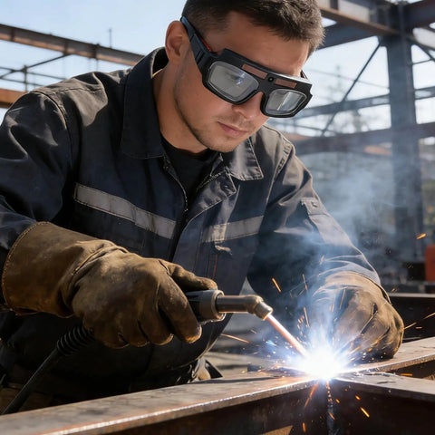 Auto Darkening Welding Safety Glasses PC Wraparound Sweet Clarity Hard To Beat At The Big Box Store in action during welding.