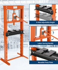 Heavy Duty 12 Ton Hydraulic Shop Press With H Frame For Garage Floor Use, Adjustable Working Table Height, Two Plates, Durable Orange Finish
