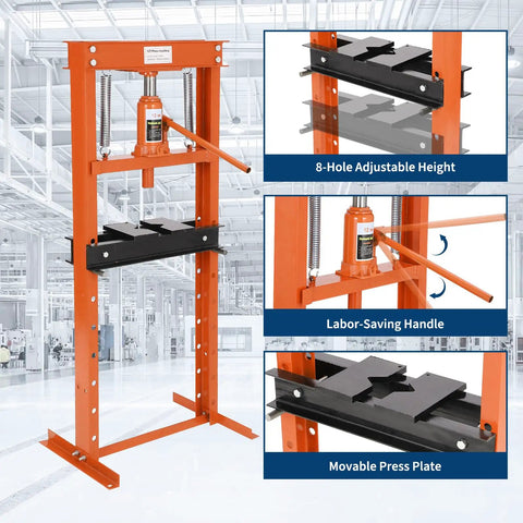 Big Boy 12 Ton Hydraulic Shop Press H-Frame Floor Press With Heavy Duty Carbon Steel Build And Powder Coating For Easy Auto Repair And Industrial Bearing Installation Projects, featuring adjustable height and labor-saving handle.