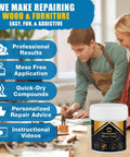 High Performance Wood Putty jar on table with two people working on wood furniture in the background.