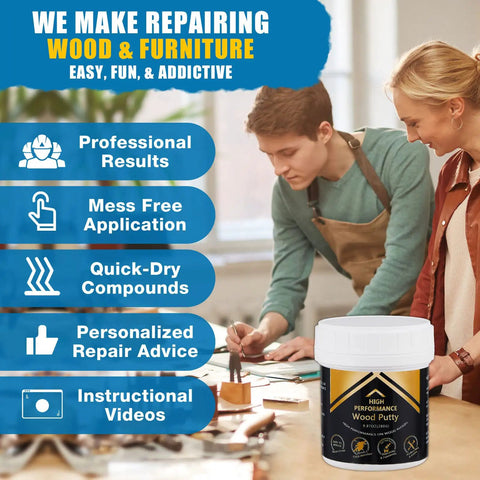 High Performance Wood Putty jar on table with two people working on wood furniture in the background.