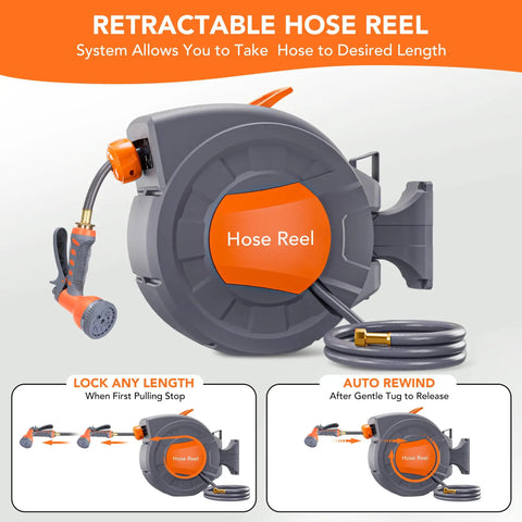 Retractable Garden Hose Reel 1/2 Inch By 72 Feet Wall Mounted With 9 Function Sprayer Any Length Lock 180 Degree Swivel And Auto Slow Rewind For No Fuss Yard Cleanup And Easy Lawn Care