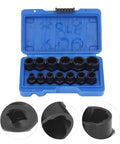 Xixian Impact Nut Bolt Remover Set 13 Pc Stripped Screw Extractor Socket Kit Built Tough For Rusted Fasteners High Grade Chrome Moly Steel Heavy Duty Extraction Tool For Your Garage Work Needs. blue case with 13 black chrome moly extractor sockets