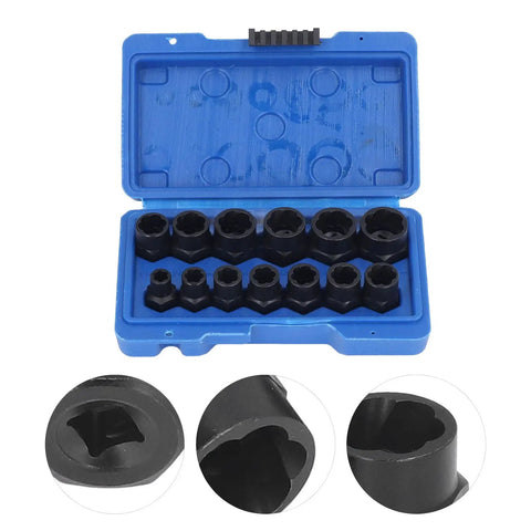 Xixian Impact Nut Bolt Remover Set 13 Pc Stripped Screw Extractor Socket Kit Built Tough For Rusted Fasteners High Grade Chrome Moly Steel Heavy Duty Extraction Tool For Your Garage Work Needs. blue case with 13 black chrome moly extractor sockets
