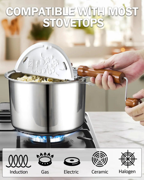 Heavy Duty Six Quart Stovetop Popcorn Popper With Sturdy Wooden Handle Quick Even Heat Distribution For Damn Good Tailgate Munchies And Weekend Couch Potato Movies on a gas stove with popcorn.