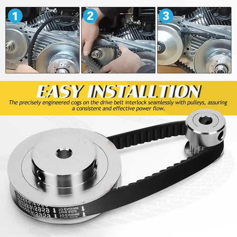 Tough Go Kart Drive Belt With Polyamide Fiber For Smooth Torque, Vibration Dampening And Extreme Racing durability That Keeps You Cruising Fast Without Any Stretching Or Shearing Woes On The Track, shown installed on pulleys