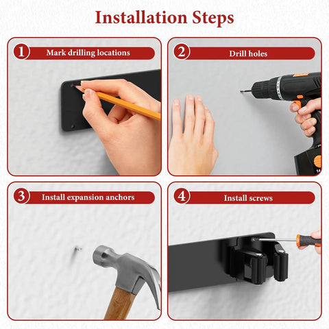 Installation steps for Heavy Duty Floor Jack Wall Mount Rack for Hydraulic Jacks, showing marking, drilling, anchoring, and screw installation.