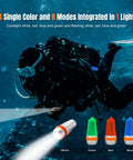 Diver using 4 Color Dive Signal Light With 8 Modes For Scuba Beacons 360 Degree Illumination In White Red Blue Green underwater