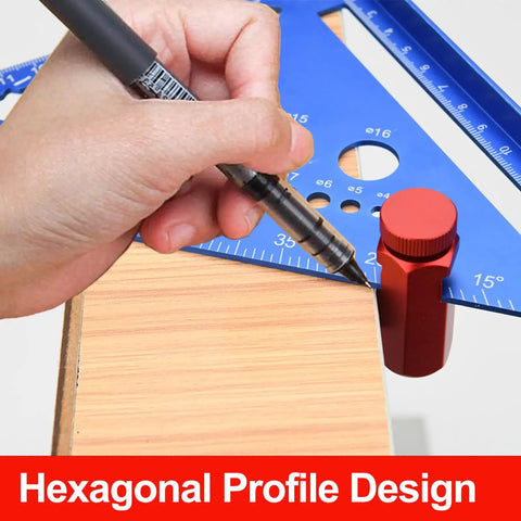 Marking wood with Tall Pro Grade Stair Gauges for Framing Square with Holder and Hook Jig, hexagonal profile design in use.