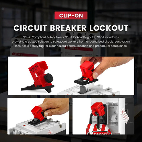 Clip-On Circuit Breaker Lockout Kit With Padlock And Tags For No Tool LOTO Locks, OSHA Compliant Quick And Safe Gear