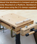 Heavy Duty Portable Woodworking Bench Vise Crafted From Premium Hardwood With Four Dead Simple Bench Dogs And Dual Lockdown Clamps For No Sweat Setup and Rock Solid Holds On Any Shop Build, mounted with G-clamps.