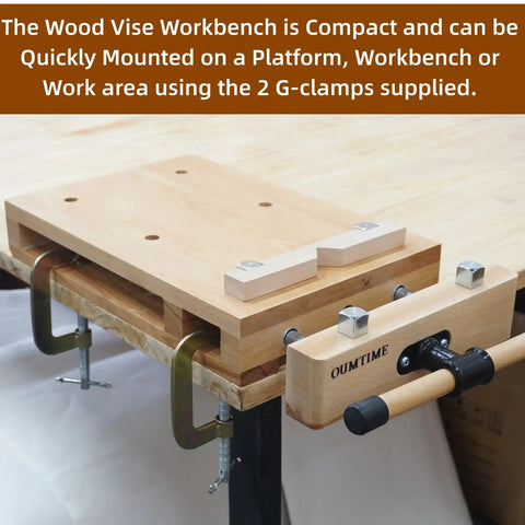 Heavy Duty Portable Woodworking Bench Vise Crafted From Premium Hardwood With Four Dead Simple Bench Dogs And Dual Lockdown Clamps For No Sweat Setup and Rock Solid Holds On Any Shop Build, mounted with G-clamps.