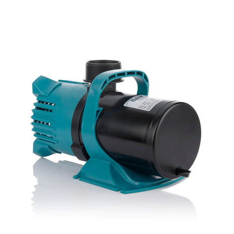 Side view of Alpine PEG3000 3000 GPH teal and black submersible pond pump with handle