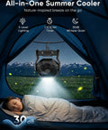 Portable Rechargeable Camping Fan With 20000mAh Battery LED light inside tent with sleeping person, outdoor use