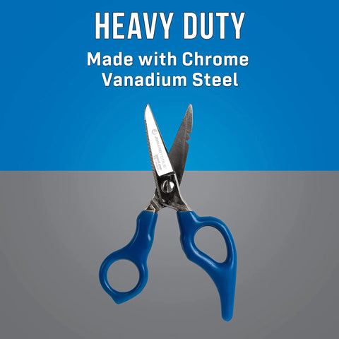 Stainless Steel Electrician Scissors Heavy Duty Cutters With Ergonomic Handles For Pro Wirework And Cable Trimming Built To Last Chrome Vanadium Steel Construction on blue background