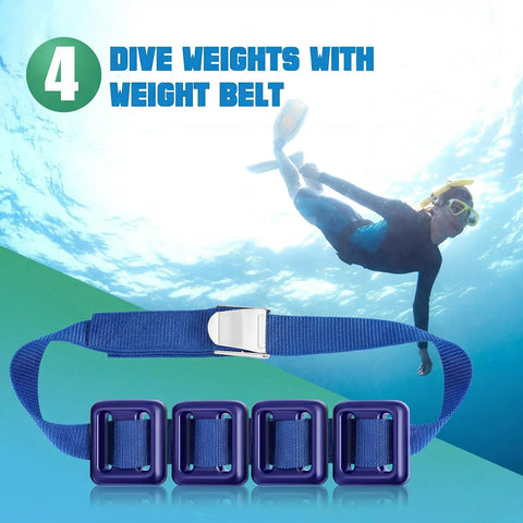 All In One Dive Weights Belt Set For Scuba Diving With Heavy Duty Coated Nylon Weight Belt And Quick Release Buckle Includes Four 1.1 Lb Weights For Free Diving And Spearfishing Blue displayed underwater