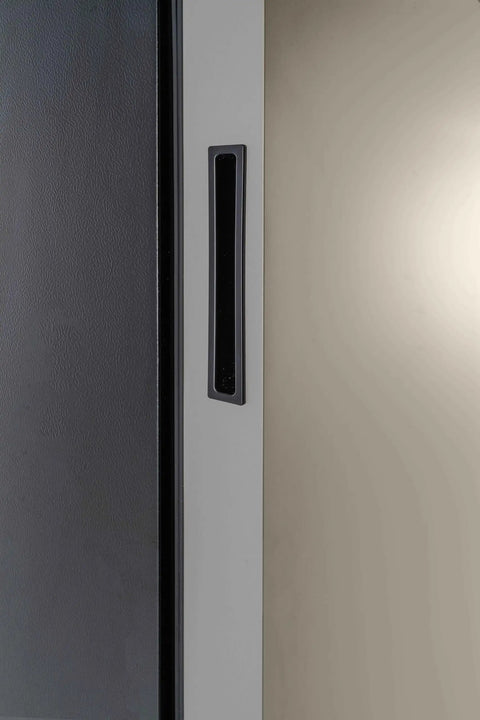 Close-up of handle on 10 Cu Ft Upright Convertible Fridge Freezer With Reversible Door Removable Glass Shelves Adjustable Controls