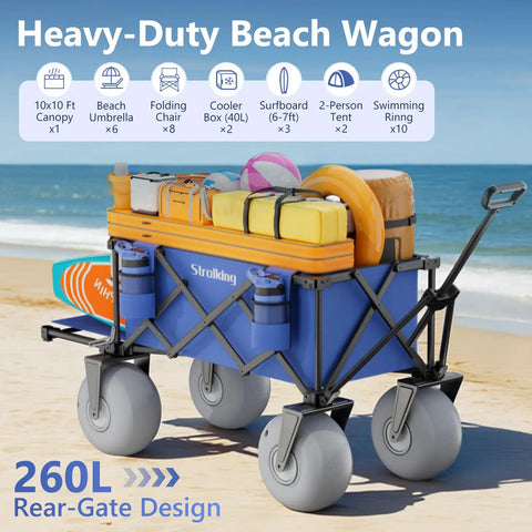 10 Inch Inflatable PU Balloon Wheels Beach Wagon, Beast Of A Heavy Duty Cart With 440 Lb Capacity loaded with beach gear on sand