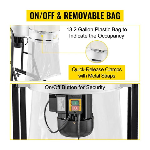 Heavy Duty Mobile Woodworking Cyclone Dust Collector With 13 Gallon Drum And 1.5 HP Copper Core Motor Pulling Serious 647 CFM Suction showing 13.2-gallon removable bag and on/off button.