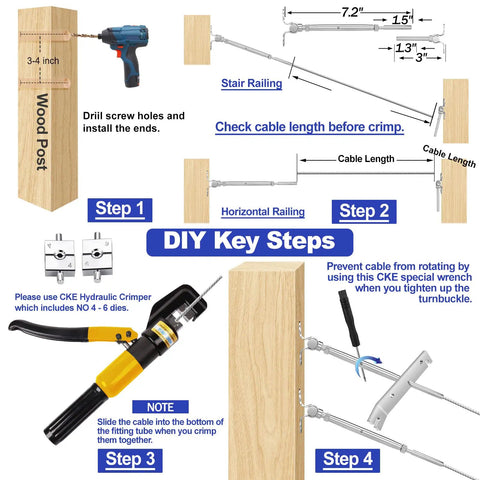 Diagram showing installation of 10 Pair Cable Railing Kit For Wood Posts With One Eighth Inch Stainless Steel Cable And Swage Toggle Turnbuckles for decks and stairs with adjustable angles up to 180 degrees.