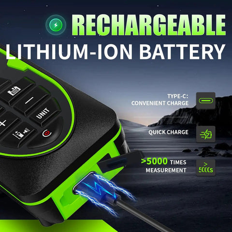 Green Laser Distance Meter With USB C Rechargeable Battery Live XY Angle Sensor 196 Feet Range For Quick Accurate Measurements In DIY Projects Easy To Use For Home Renovation And Construction, rechargeable lithium-ion battery display