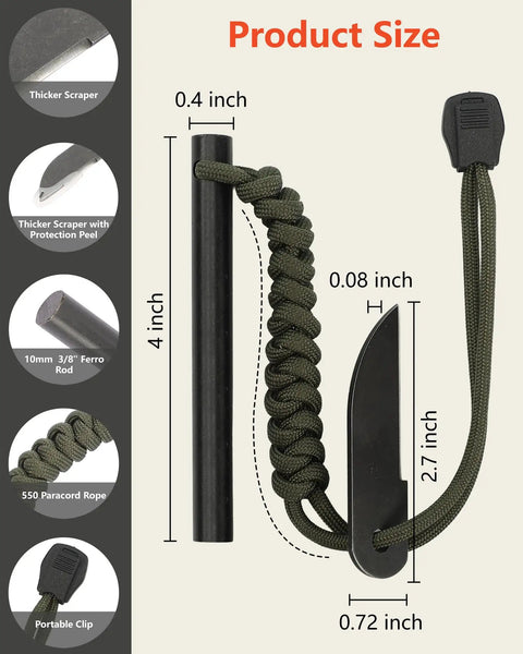 Flint And Steel Fire Starter With Paracord Handle And Thick Striker 4 Inch Ferro Rod Waterproof Survival Tool For Camping
