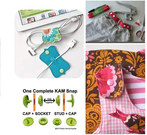 Snap Fasteners Kit With Pliers, 420 Complete Sets In 14 Colors, shown in use on fabric and electronic cable organizer, with pliers and snap guide.