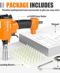 Premium Pneumatic Decorative Nailer 41 By 64 Inch Compact Deco Nail Gun with loading board, manual, and tool kit included.