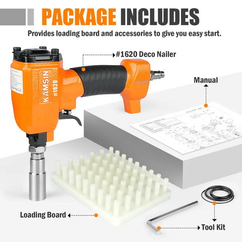 Premium Pneumatic Decorative Nailer 41 By 64 Inch Compact Deco Nail Gun with loading board, manual, and tool kit included.