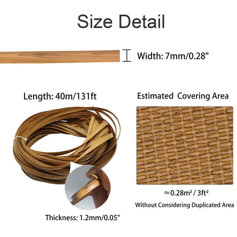 Hella Durable PE Rattan Repair Cord 7Mm X 131Ft All Season Wicker Chair Replacement String shown with size details, 7mm width and 40m length.