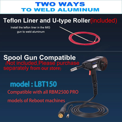 RBM2500 Pro featuring Teflon Liner, U-type Roller, and spool gun for 250 Amp MIG Welder 120V 240V RBM2500 Pro 8 In 1