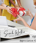 Personalized Acrylic Desk Name Plate With Custom Text For Your Name Or Title, Sleek Black Stripe Office Decor, gift exchange scene