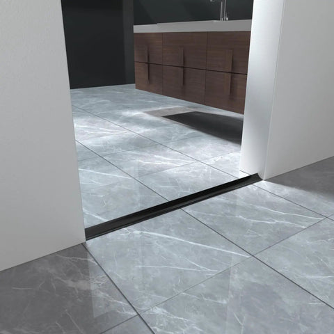 Easy Install Self Adhesive Silicone Shower Water Dam Barrier No Mess 39 Inch Collapsible Threshold Splash Guard on tile floor