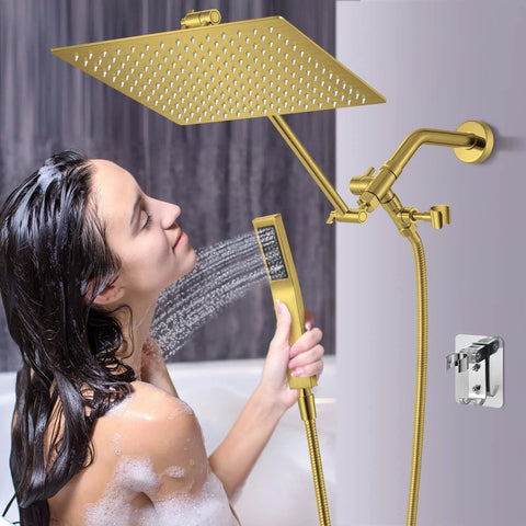 Woman enjoying Brushed Gold 12 Inch Square Shower Head Kit With 3 Way Diverter Holder Extension Arm And Hose All Metal 304 Stainless Steel