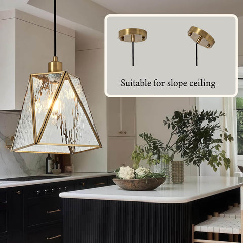 Copper Brass Pendant Light With Water Ripple Glass Lampshade, 10.2 Inch Geometric Pendant Lighting installed in a kitchen.