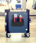 Magnetic Spray Can Holder 4 Pack Heavy Duty Pro Grade Wall Mounted Bottle Rack For Garage And Home Workshop Easy Install Organize Paints, Oils, And Cleaners For Quick Access holding cans on a workshop cart.